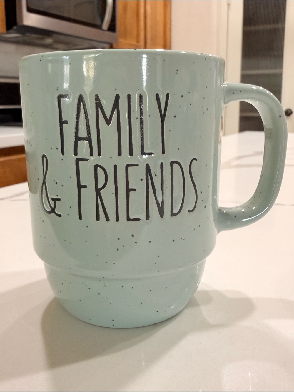 Rae Dunn Inspired "Family & Friends" Blue Speckled Ceramic Mug